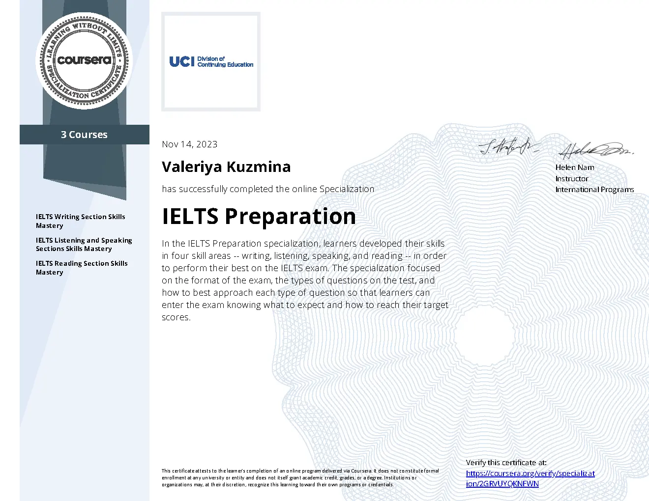 Специализация по комплексной подготовке к экзамену IELTS